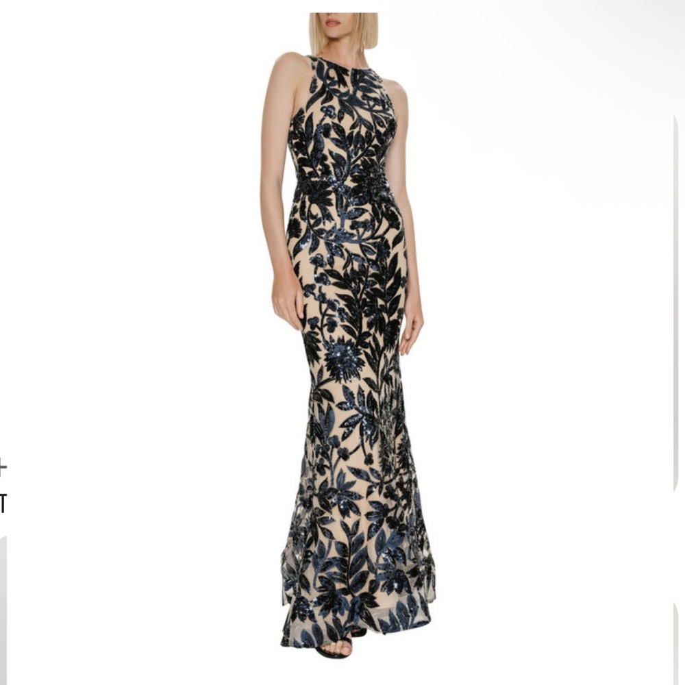 HYNES PARK Floral Sequin Embroidered 
Halter Shealth Gown 
SZ 6 NAVY/ NUDE $1550